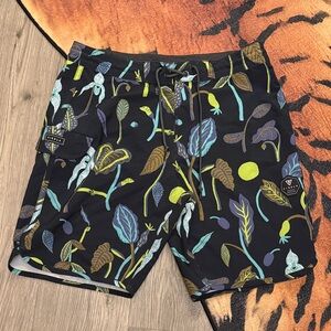 VISSLA Black and Multicolor Leaf Print Board Shorts